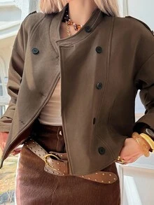 DAZY Women's Stand Collar Short Suede Jacket, Urban Casual Retro Style Fall/Winter - Brown - View 2