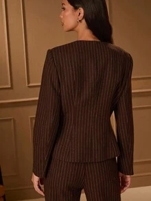 Lilora Women's Striped Single-Breasted Casual/Work Blazer Jacket Pinstripe Suit Woman Suit Blazer Suits For Women In Fall/Winter Fall Clothes For Women Elegant And Dignified Officework,Events,Daily,Vacation - Coffee Brown - View 2
