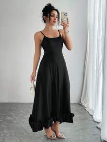 DAZY Women's Spaghetti Strap Bodycon Puff Skirt A-Line Dress - Black - View 8