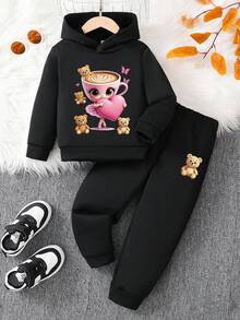 2 件套少女熊与咖啡杯图案印花长袖连帽衫，搭配松紧腰裤，秋冬 - 黑色 - 查看 3