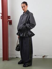 COUREZ Harrington Track Jacket With Frill Hem In Micro Check /Y2K Going Out Outfits Fall Women Clothes Winter Clothes For Women Club Outfits Outerwear AW Women Sexy Women's Winter Jacket