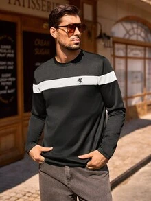 Manfinity NXTstreet Men Elastic Color Block Embroidery Long Sleeve T-Shirt, Fall - Multicolor - View 3