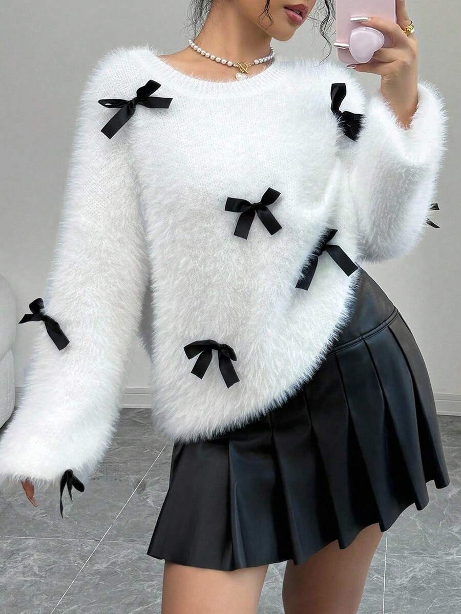 SHEIN Tween Girl Casual Cute Round Neck Faux Fur Collar Loose Fit Bow Knit Sweater TopAutumn Clothing Fall Winter - White - View 1