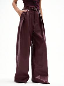 GENKIRA 勃艮第酒红色 PU 皮革褶皱宽松系带直筒休闲百搭女裤 - 酒紅色 - 查看 3