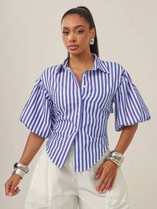 Vixey Self Tie Back Collared Button Up Long Sleeve Top - Blue and White - View 2