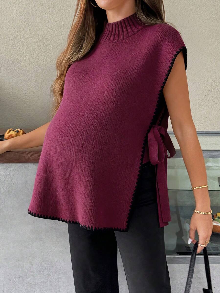 SHEIN Áo len dệt kim cổ đứng viền hoa mùa thu/đông cho bà bầu, buộc bên hông, thường ngày - Màu đỏ tím - Xem 1
