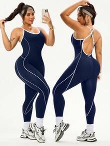 SHEIN Sports 大码女式撞色饰边细肩带露背交叉修身连体裤 - 藏蓝色 - 查看 7