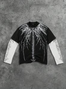 ROMWE MEN Street Life Men's Gothic Printed Long Sleeve T-Shirt, 2 In 1 Top, Fall