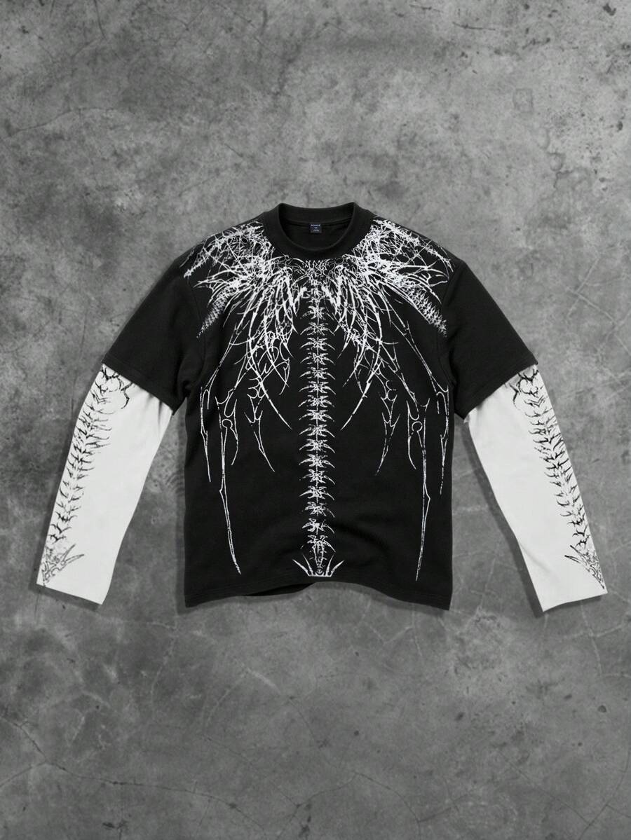 ROMWE MEN Street Life Men's Gothic Printed Long Sleeve T-Shirt, 2 In 1 Top, Fall