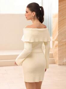 Modelyn Women's Winter Off Shoulder Flare Sleeve Elegant Fashion 2 Pieces Sweater Set - Apricot - View 5