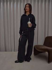 MUSERA Wide Leg Embroidered '' Logo Elasticated Drawstring Waist Joggers Bottom Only Streetwear Cute Classy Casual Sexy Going Out Toffee - Black - View 5