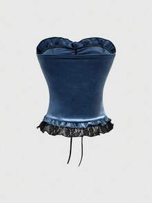 ROMWE Gothic Palace Style Lace Trim Velvet Women's Tube Top - Blue - View 2