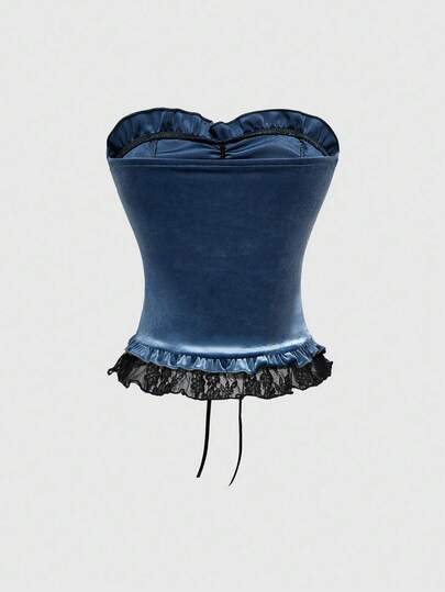 Goth Top tube en velours avec garniture en dentelle de style palais gothique pour femmes