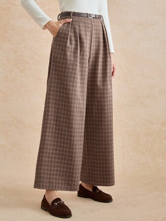 Écloséra Retro Fashion Casual Brown Plaid Straight-Leg Trousers With Pockets For Women, Autumn Matching Trousers, Plaid Trousers, Wide-Leg Trousers
