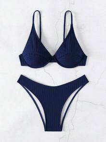 SHEIN Swim 1 件女式纯色罗纹面料钢圈比基尼套装夏季 - 藏蓝色 - 查看 4