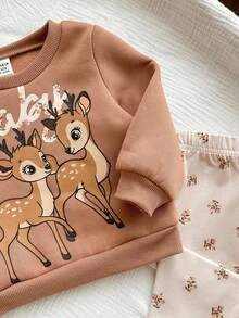Babygirl Cute Cartoon Pattern Knit Long Sleeve Sweatshirt And Pants Set, Autumn/Winter Cozy Pixies Baby Girl Set Baby Set Autumn Winter Season Mocha Baby Clothes Baby Girl Autumn Clothes Baby Girls Brown Set - Brown - View 5