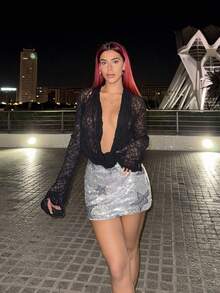 Bearsaez Extreme Cowl Neck Textured Lace Long Sleeve Flared Cuff Top Only Sexy Cute Ibiza Spring Summer Club Vacation Holiday Boho Occasion Beachwear Festival Summer Holiday Festival Rave Going Out Top