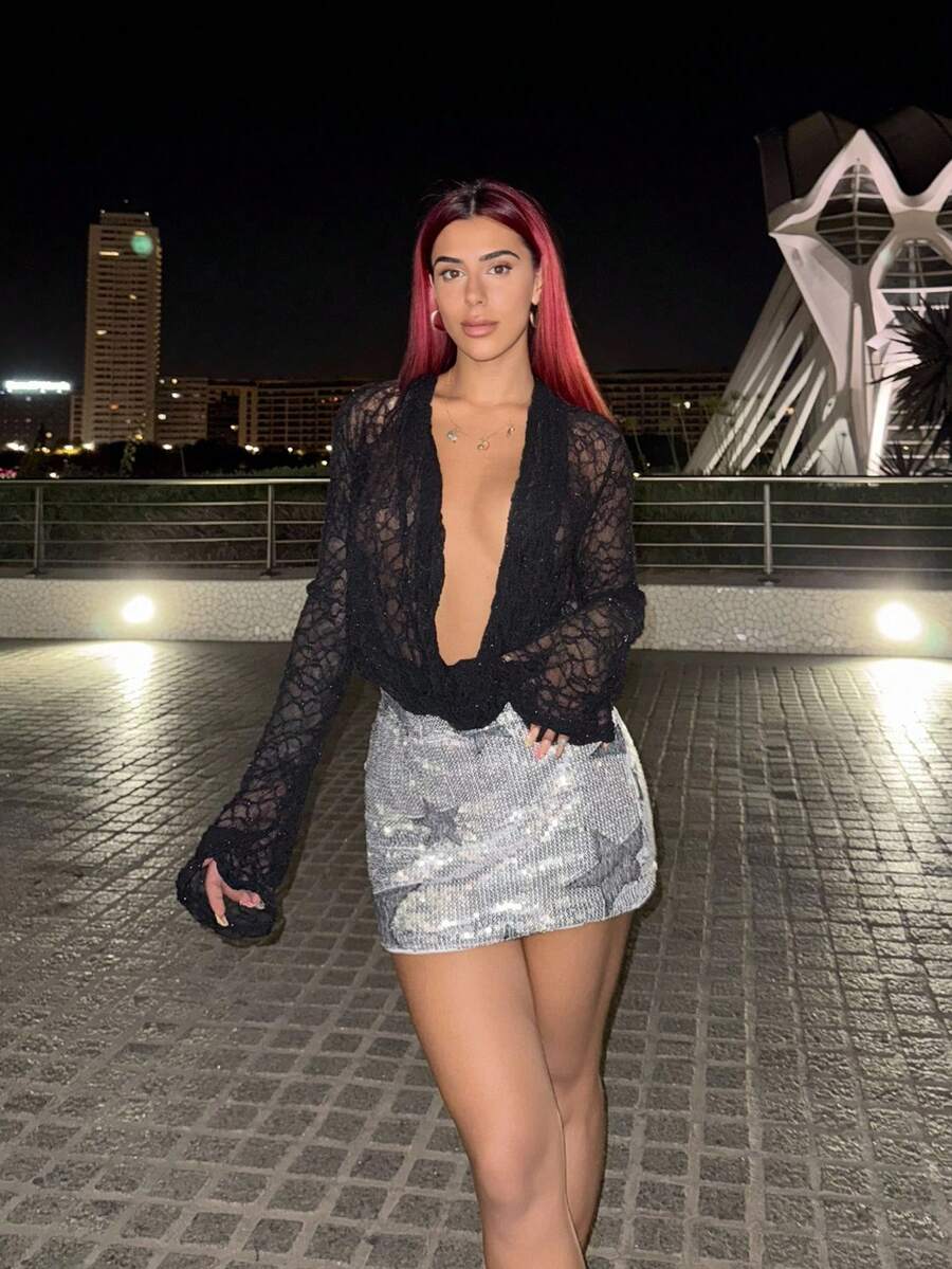 Bearsaez Extreme Cowl Neck Textured Lace Long Sleeve Flared Cuff Top Only Sexy Cute Ibiza Spring Summer Club Vacation Holiday Boho Occasion Beachwear Festival Summer Holiday Festival Rave Going Out Top