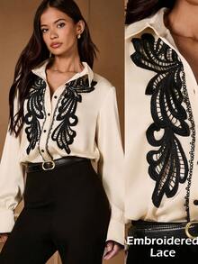 Lilora 女士经典纯色缎面撞色花卉装饰领扣长袖衬衫，优雅秋冬装 - 杏色 - 查看 9