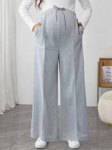 SHEIN Women's Lace-Up Solid Color Fashionable Wide Leg Pants, Casual Maternity Sweatpants - Grey - View 5