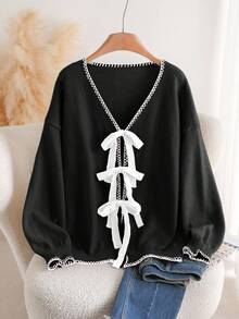 CosyJoli Plus Size Elegant French Romantic Dog Tooth Trim Solid Color Casual Commute Vacation Fashion Knit Cardigan Sweater Top For Women/Winter - Black and White - View 1