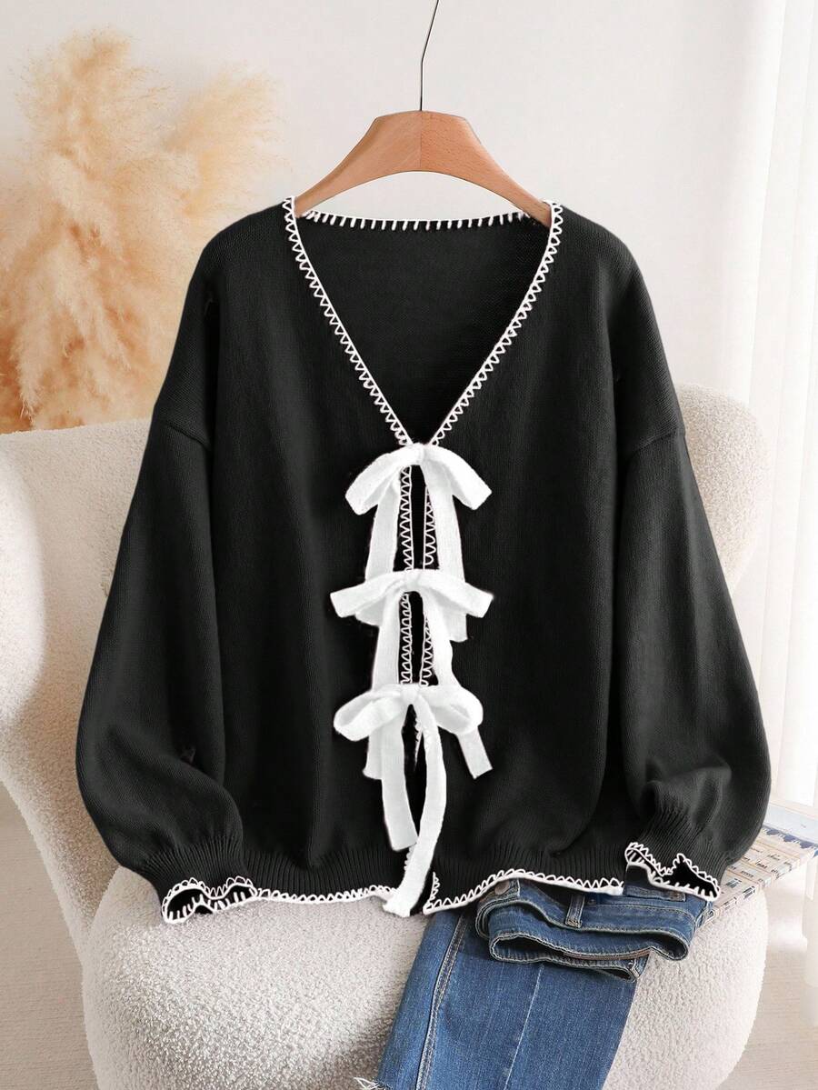 CosyJoli Plus Size Elegant French Romantic Dog Tooth Trim Solid Color Casual Commute Vacation Fashion Knit Cardigan Sweater Top For Women/Winter - Black and White - View 1