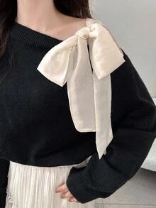 FRIFUL 女士撞色不对称肩部宽松休闲蝴蝶结毛衣，适合秋季穿着