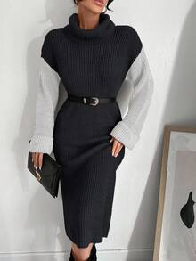 EURMUSE Women's Autumn/Winter Contrast Color Turtleneck Drop Shoulder Long Sleeve Fitted Knit Dress - Grey - View 5