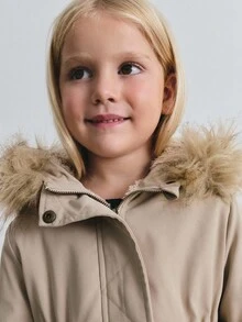 Maija Kids Maija Kids 年轻女孩休闲束腰拉链拼接人造毛皮连帽羊毛夹克，适合秋冬日常通勤 - 駝色 - 查看 5