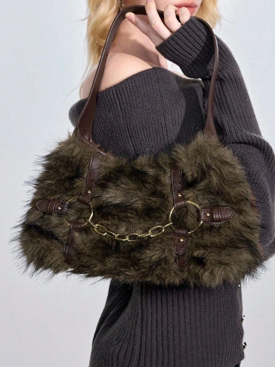 ROMWE Grunge Punk Y2K 仿皮草链条单肩包，朋克哥特式蓬松流浪包，街头风格手提包 - 咖啡棕 - 查看 1