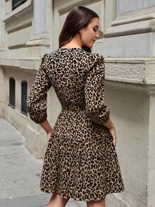 EURMUSE Leopard Print Surplice Neck Lantern Sleeve Dress - Apricot - View 2