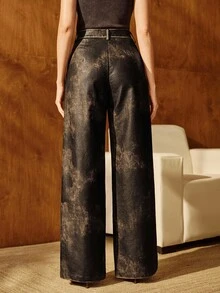 Anewsta Pantalones largos de mujer de cuero PU con tonos duales y efecto desgastado, versátiles para ir y venir, nuevos para otoño/invierno - Café integral - Ver 2