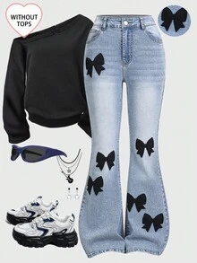 SHEIN ChillGRL Teen Girl 2025 Curve Fashion Personalized All-Season Versatile Black Applique 3D Embroidery, Distressed, Flared Jeans