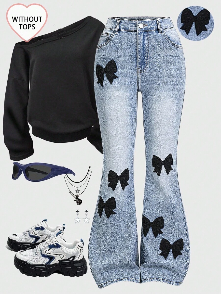 SHEIN ChillGRL Teen Girl 2025 Curve Fashion Personalized All-Season Versatile Black Applique 3D Embroidery, Distressed, Flared Jeans