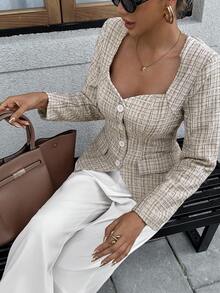 Chiquease Women's Square Collar Long Sleeve Fitted Blazer Jacket, Versatile Casual Top