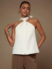 L'Amorae Halter Neck Button Up Vest Casual Spring Summer Top Airport Outfit