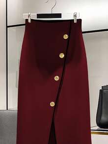 Franclia Elegant High Waist Slit Skirt, Fashionable And Slimming, Suitable For Autumn/Winter - Burgundy - View 4