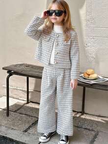 SHEIN Elladie kids 年轻女孩时尚黑白格子假口袋长袖外套，搭配宽松舒适的裤子，秋冬装扮 - 白色 - 查看 6