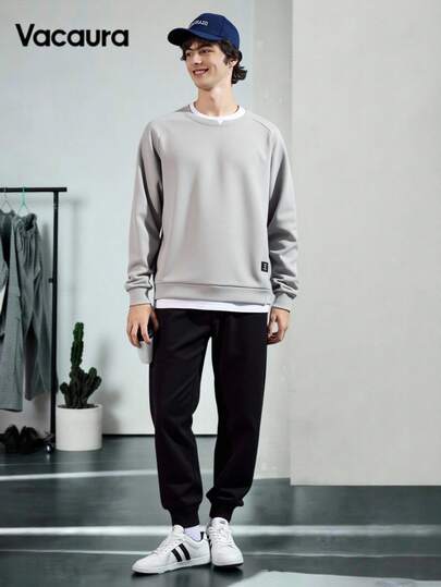 Vacaura 2 件套青少年插肩袖二合一圆领运动衫和纯色抽绳运动裤休闲运动装，适合日常穿着，春秋季