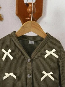 SHEIN Vintaside Kids 女婴 V 领蝴蝶结纯色长袖开衫，春秋装 - 綠色 - 查看 6