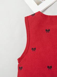 Sparklyn 3pcs/Set Girls Kids Spring/Autumn New Collared Long Sleeve White Shirt, Gray Bow Print Hem Design Vest, Pleated Skirt Cute Simple Elegant Back To School Academy Outfit, All Season Fall Winter  Princess  Halloween/Christmas Party Dresses For  Vacation  Autumn And Winter - Red - View 7