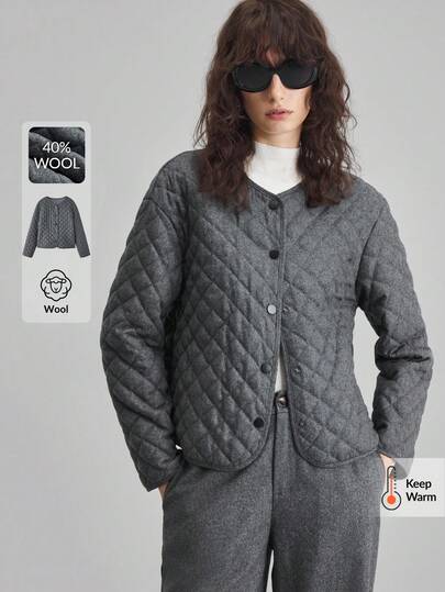 Ontre 2025新款，羊毛混纺女士绗缝外套，灰色，绗缝，宽松圆领，商务休闲，通勤，日常穿着，秋冬季，万圣节，圣诞节，情人节，感恩节，长袖，女士，百搭绗缝外套