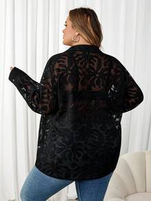SHEIN CURVE+ 花卉提花纽扣前襟衬衫 - 黑色 - 查看 2