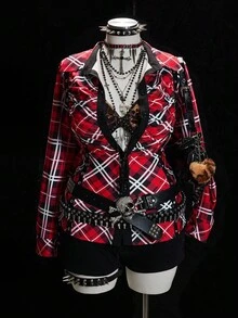 Sunspun Christmas Plus Size Women Casual Grommet Ribbon Decor Plaid Long Sleeve Shirt - Multicolor - View 1