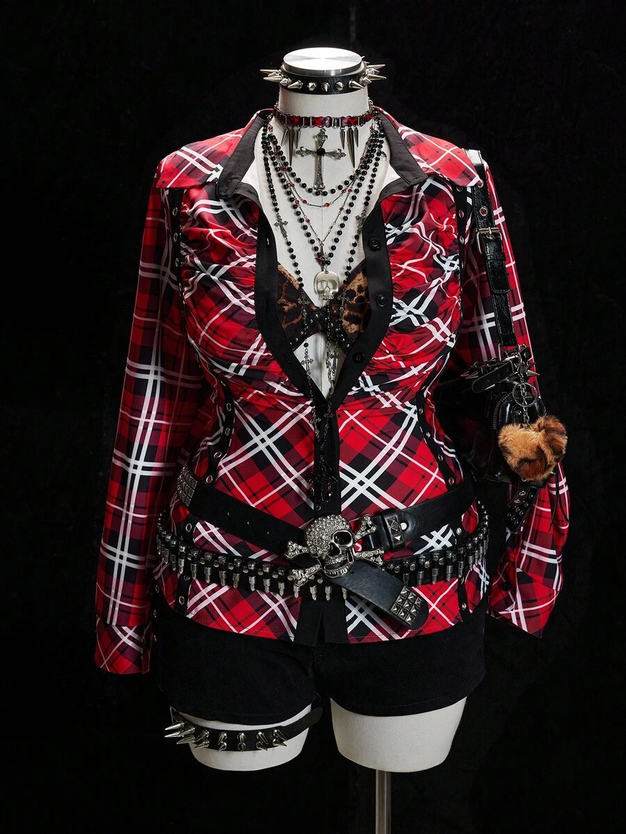Sunspun Christmas Plus Size Women Casual Grommet Ribbon Decor Plaid Long Sleeve Shirt - Multicolor - View 1