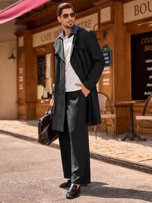 HIMLAND Abrigo casual de trench de doble botonadura y longitud media de unicolor para hombre, otoño - Negro - Ver 4