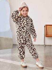 SHEIN 年轻女孩针织连帽豹纹连体裤，休闲家居服 - 卡其色 - 查看 5