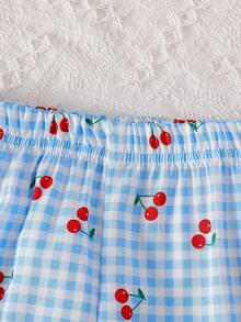 SHEIN Vintaside Kids 女婴优雅甜美樱桃连体衣和格子樱桃印花裤套装 - 藍色 - 查看 5