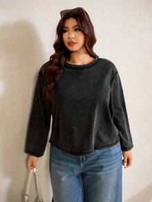 Elaquor 大码女式宽松休闲T恤，圆领，落肩，长袖，后幅网眼面料，仿珍珠装饰 - 黑色 - 查看 7