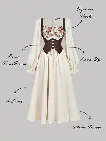 SHEIN MOD 女式休闲复古收腰长袖中长连衣裙